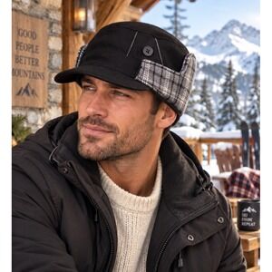 Perry Ellis Portfolio Men's Trapper Hat L/XL Wool Blend Plaid Faux Fur Black